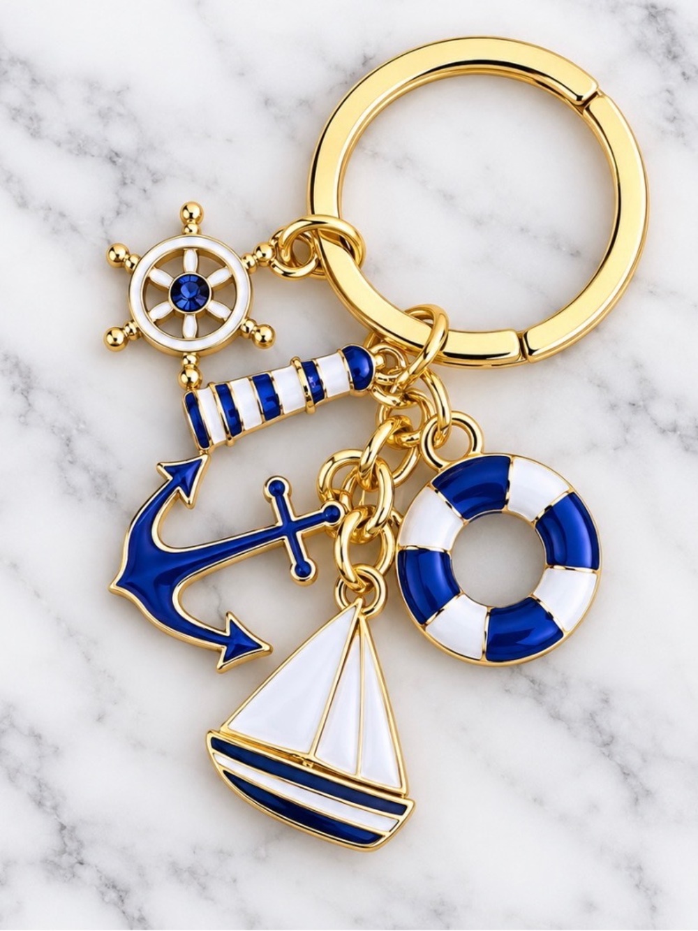 Bag Charm/Keyring-Nautical Charms Anchor, Life Ring & Sailboat - Gold Plated